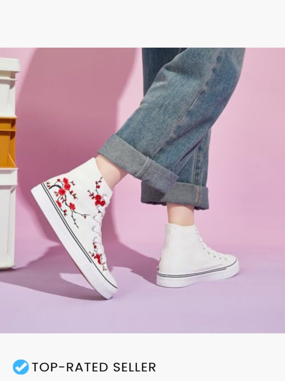 High Top Canvas Sneakers Embroidered Floral Lace Up Casual Walking Comfort Shoes - Picture 2 of 7